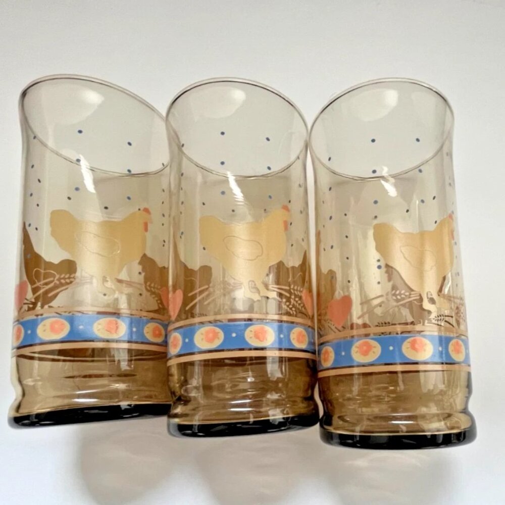 Anchor Hocking Smokey Brown Chicken and Heart pattern Glasses Set of 3